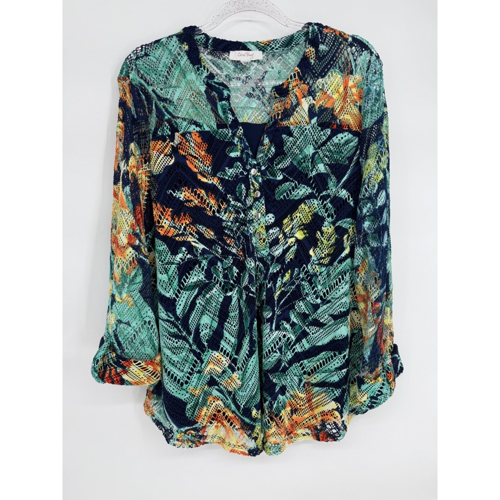 Coral Bay Women Tropical Crochet Lace Overlay Top Teal Navy Orange V-Neck Sz  L